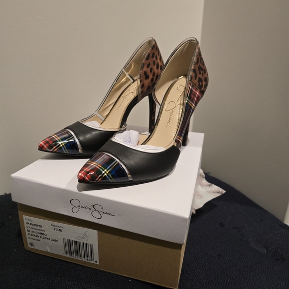 Jessica Simpson Women's Plaid and Leopard Heels - Picture 1 of 7